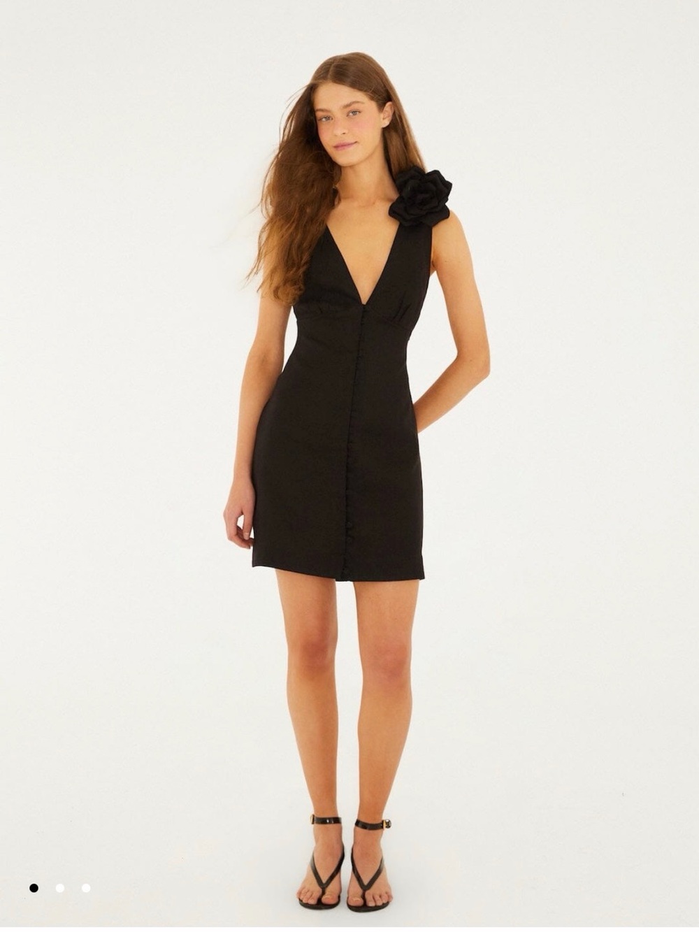 Black Floral-Shoulder V-Neck Mini Dress